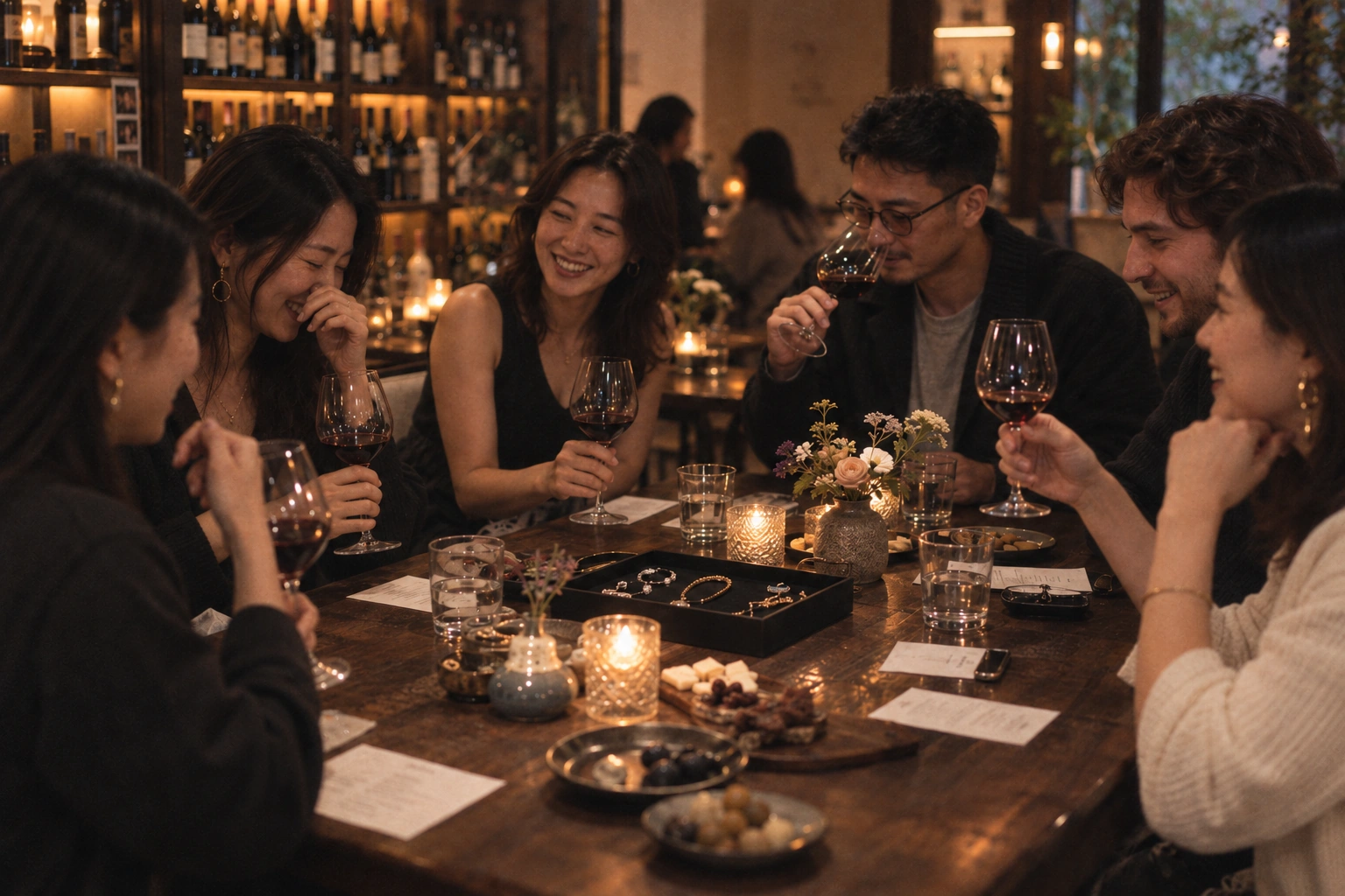 Illustrative scene of a relaxed wine and jewellery gathering